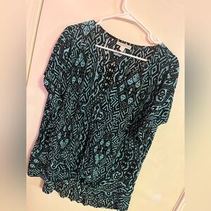 LIKE NEW Dana Buchman Knot Tied Geometric Black and Teal Blouse (XL) 🩵🖤